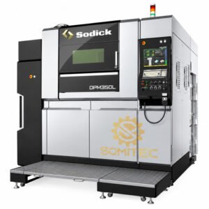 Máy in 3D kim loại Sodick OPM350L nền trắng, logo SOMITEC vàng